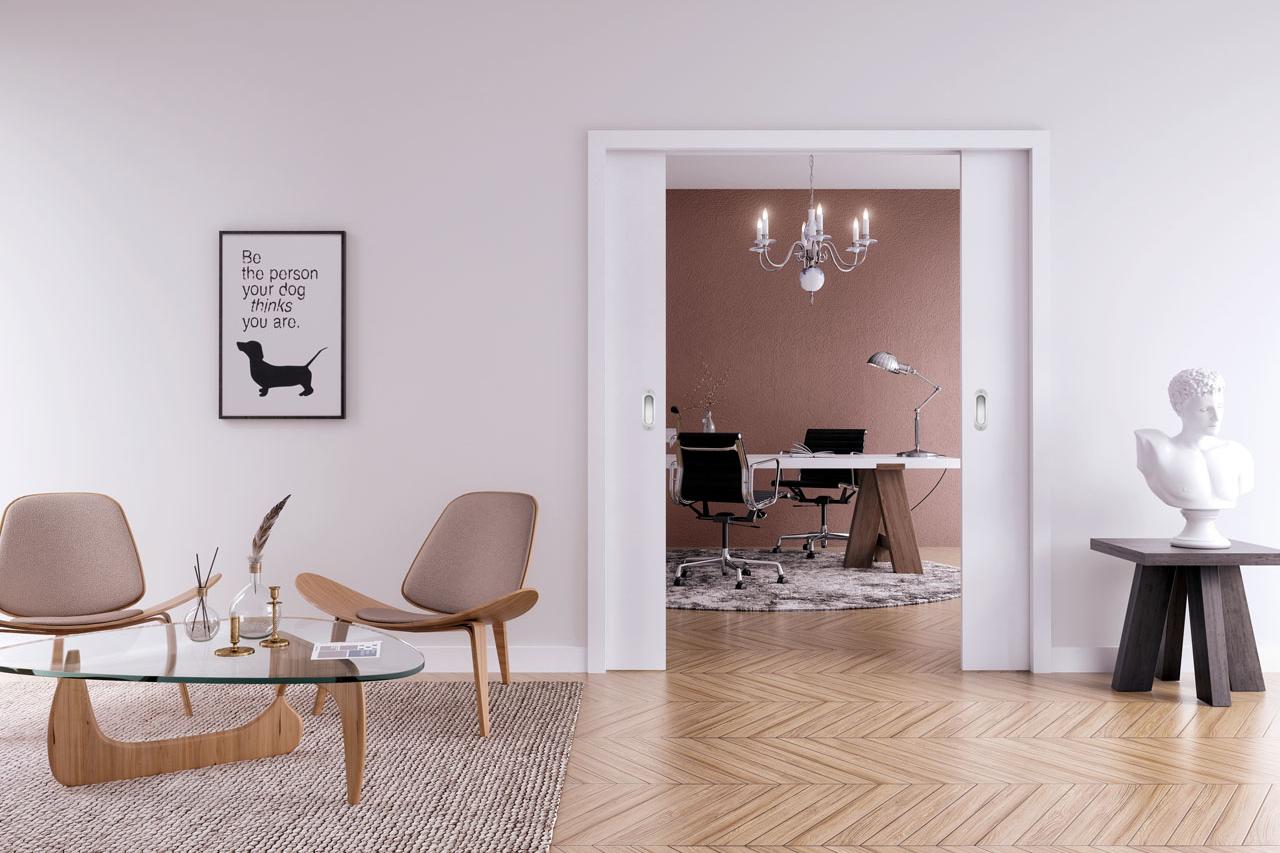 CAVIS C2MH Schiebetürsystem für zweiflügelige Holztürblätter im Mauerwerk 1 CAVIS 2-flügelig weiß mit Griffmuscheln